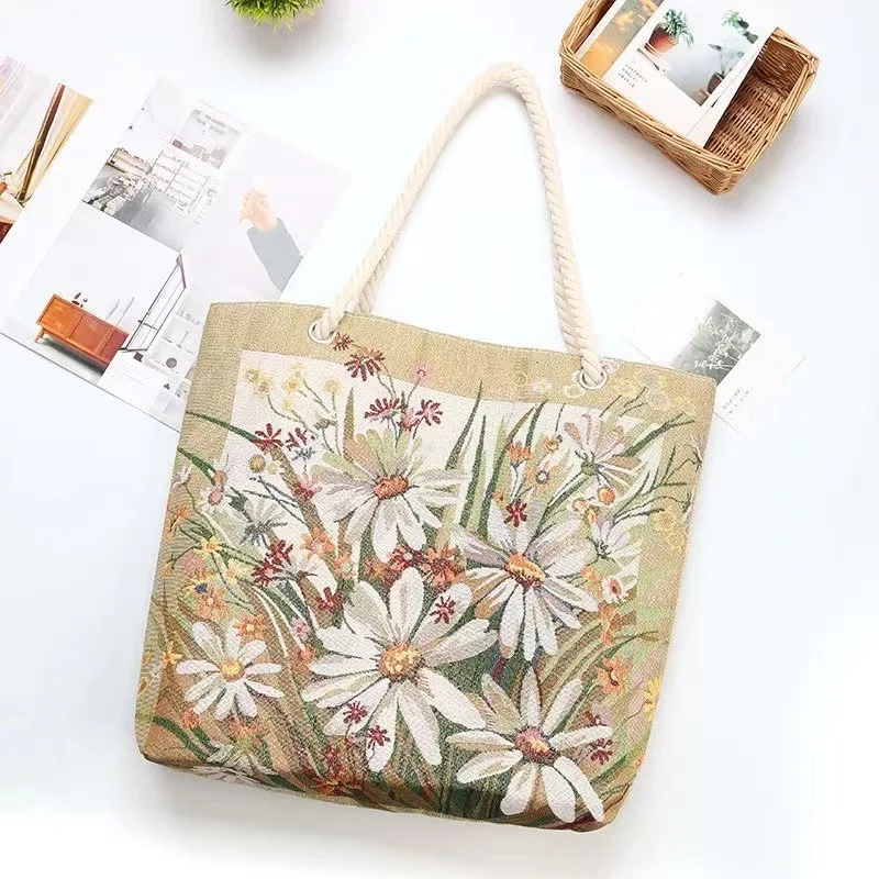New retro durable daisy handbag double-sided embroidered thick rope handle comfortable tote bag