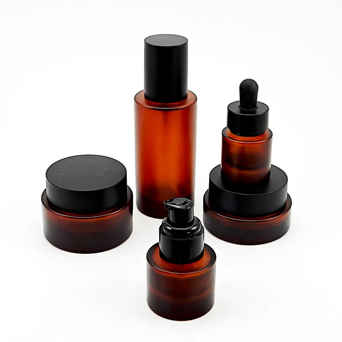 Custom Logo Amber Frosted Cosmetic Packaging Set 30ml 40ml 50ml 100ml 120ml Pump Bottle Matt Brown Dropper Bottle Cream Jar 50g