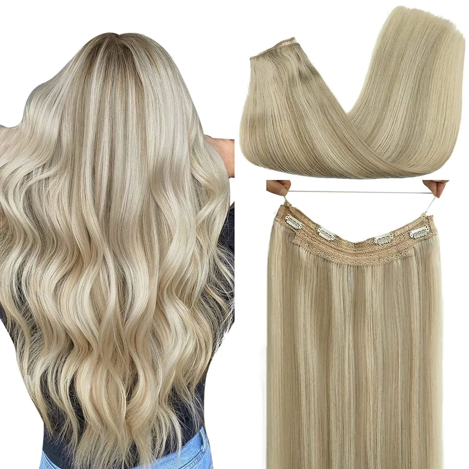 Wholesale High Quality Fish Line Hair 100% Double Drawn Remy Real Human Hair Clip In Wire Hair Extensions
