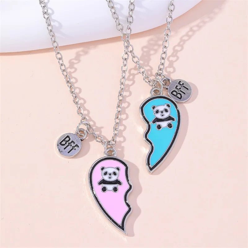 New style BFF best friend series cute little panda print heart splicing pendant fashion jewelry necklaces