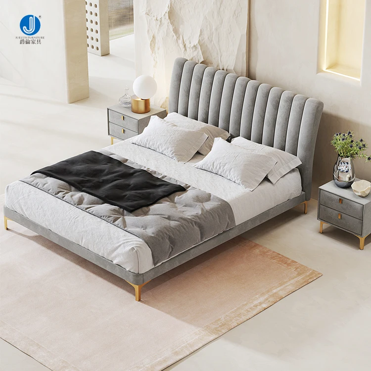 High End Bedroom Furniture Master Room Fabric Headboard Wooden Frame Stainless Steel Base Queen Size Double Bed