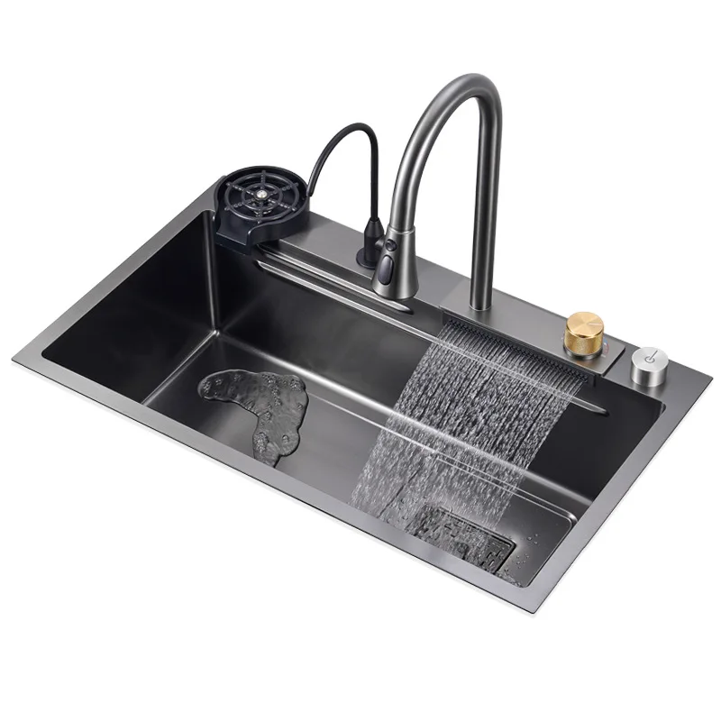 black square multifunction undermount ss304 kitchen sink aluminum waterfall faucet stainless steel kitchens sinks units