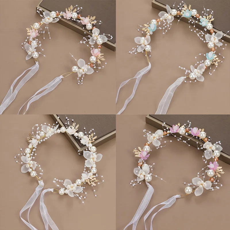 handmade wholesale Good quality tiaras beading flowers bridal crown for wedding flower girls tiaras hair accessories hairbands