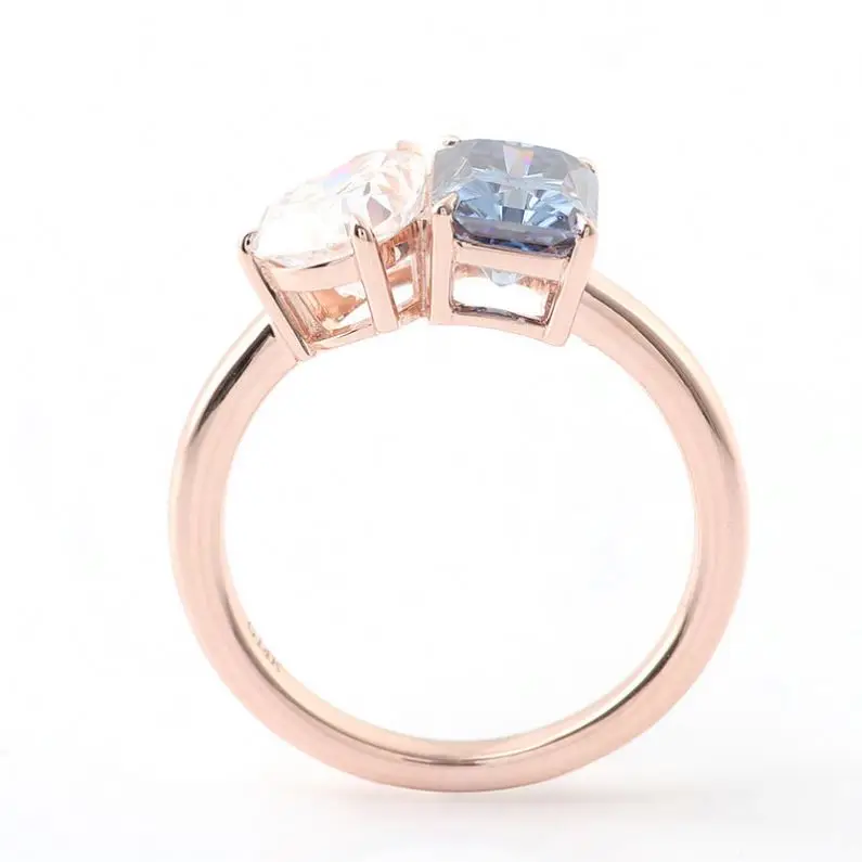 Custom 14k Rose Gold DEF Pear Cut Moissanite & 2ct Carat Radiant Cut Blue Grey Moissanite Double Diamond Wedding Ring For Bridal