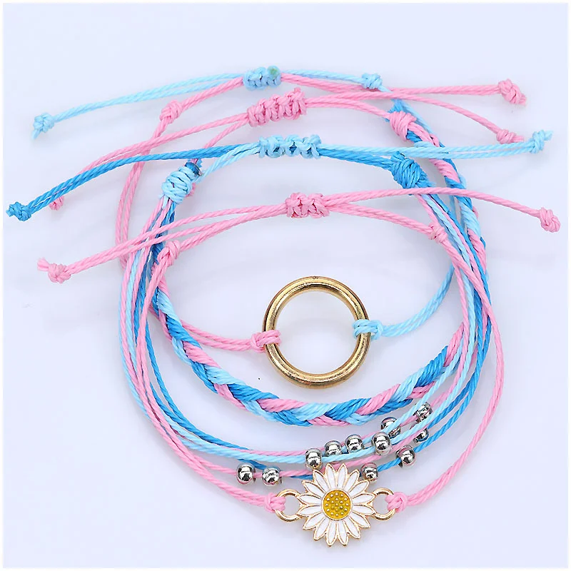 Seaside Surfing Bracelet Waterproof Waxed Wire Hand Knitted Sunflower Bracelet Teenage Friendship Bracelet Set of 4