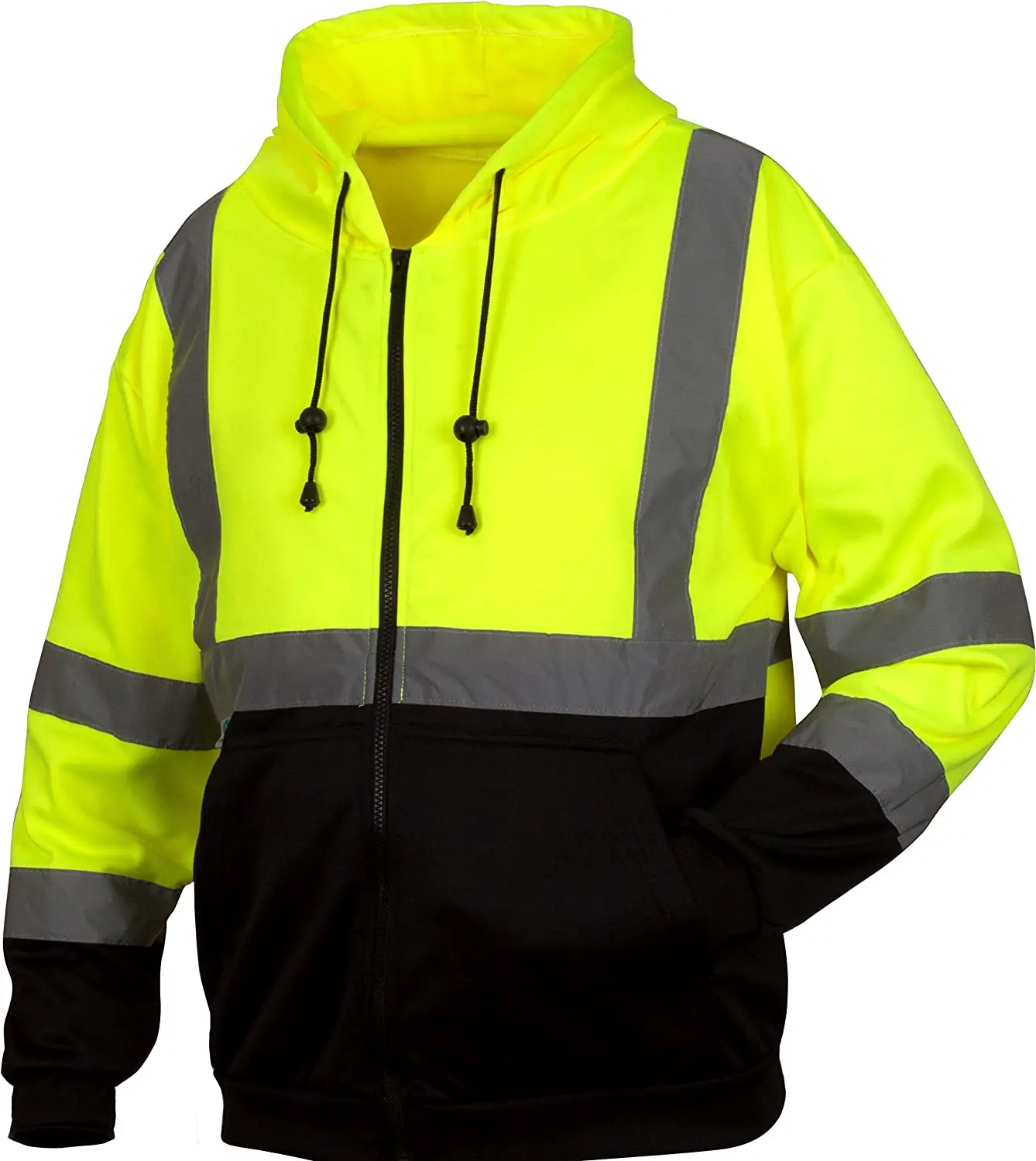 Hi Vis Safety Fleece Zip Hoodie Sweatshirt ANSI Class 3 Reflective with Black Bottom for Men  Hi-Vis Lime Zipper Sweatshirt