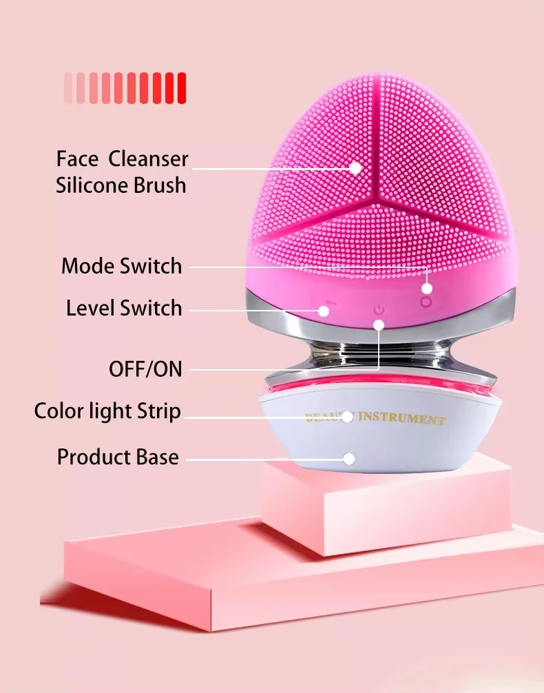 new arrival  2024 EMS Heating  Facial Cleansing  Brush Beauty Device Sonic Silicone Facial Pore Cleaner with base