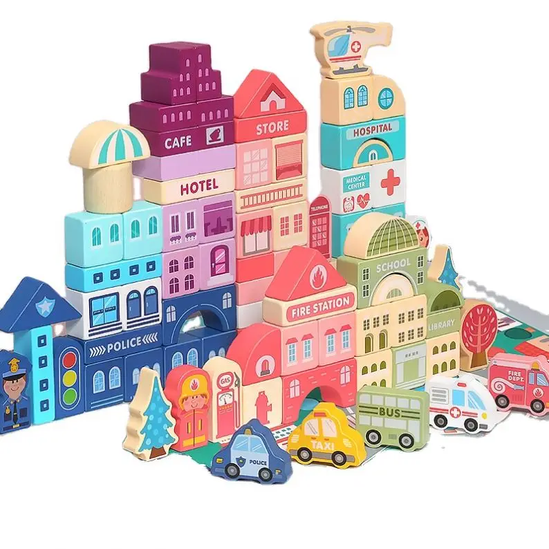 100pcs Wooden City Street View Blocks Colorful Wooden Building Rainbow Blocks Kids Educational Wooden Blocks Toy