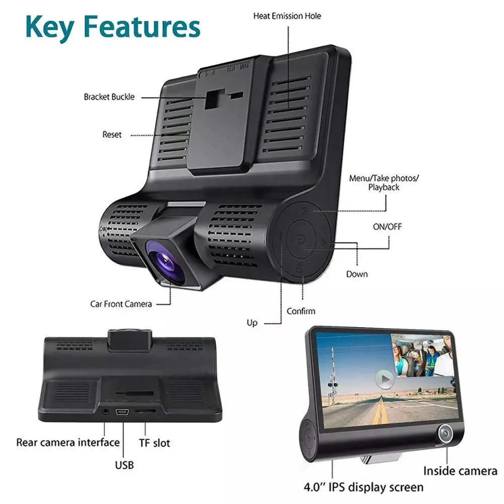 3 In 1HD 1080P Dash Cam 3 Camera English Voice Control 70mai Car DVR With Rearview Cameras