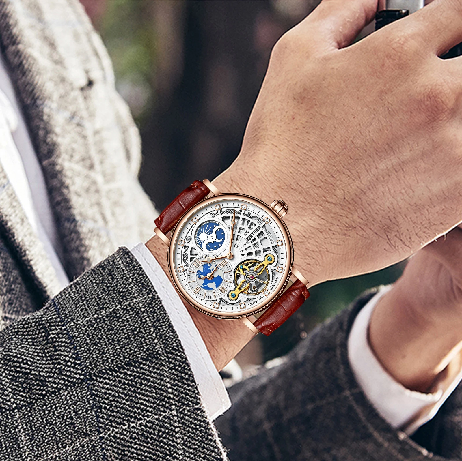 2023 Kinyued J098 Watch With Custom Logo Moon Phase Luxury Tourbillon Automatic Mechanical Watch