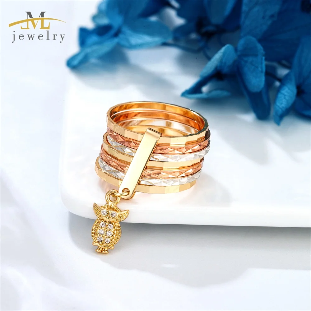 JML 14K Tricolor Gold Seven Day 7 Band Stacked Stacking Multi-Band Ring Semanario Ring with Zircon For Women