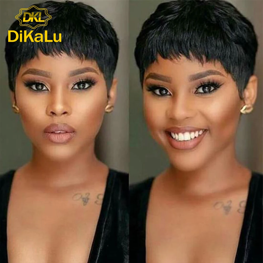 DiKaLu Hair Wavy Pixie Cut Wig Human Hair 150% Remy Malaysian Short Wigs Human Hair Natural Color And #27 For Black Women