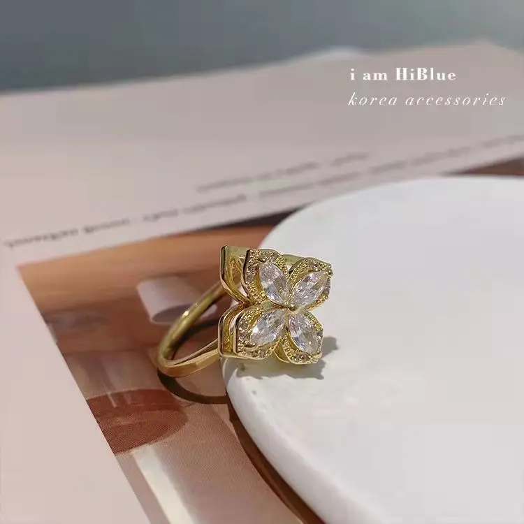 Fashion Rotatable Flower 18K Fidget Ring Anti Anxiety Stress Relieve Creative Earrings Spinning Mood Four Leaf Clover Jewelry