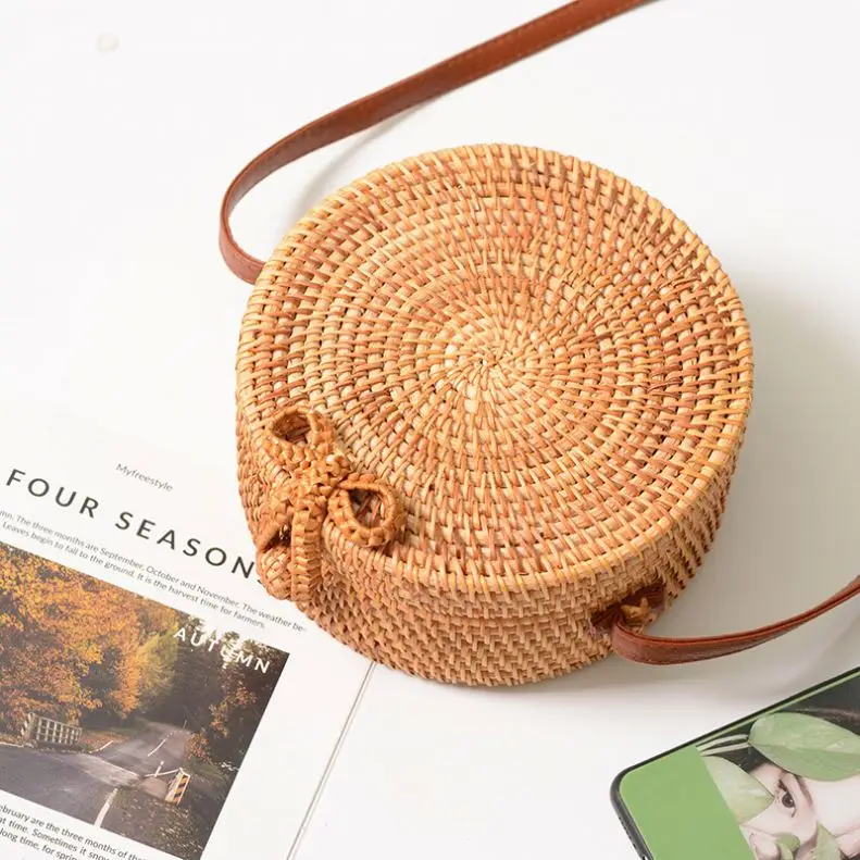 Circular Casual Rattan Bag 2022 Ins Summer Handmade Bali Beach Shoulder Bow Bag Woven Bohemian Handbag Sac A Main Crossbody
