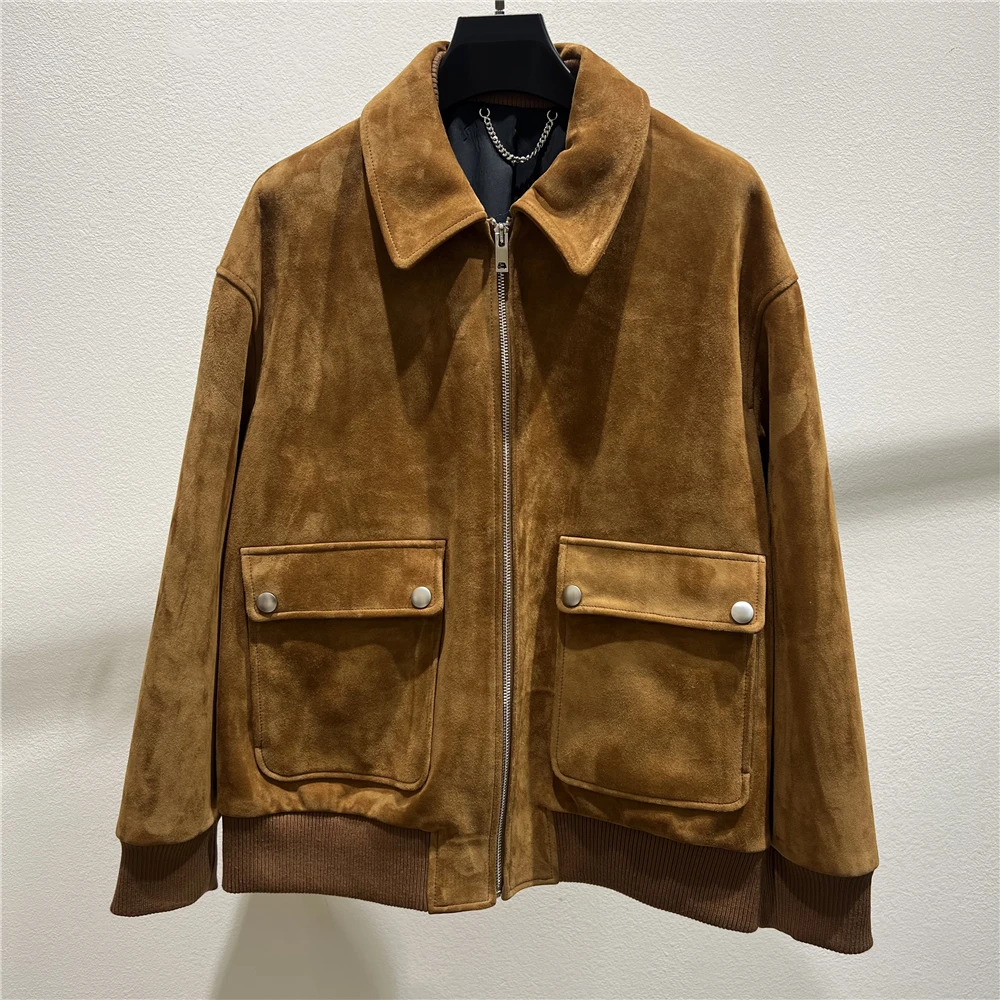 Wholesale Casual Custom Logo Zipper Big Pocket Soft Genuine Sheepskin Coat Streetwear Women Autumn Vintage Suede Leather Jacket
