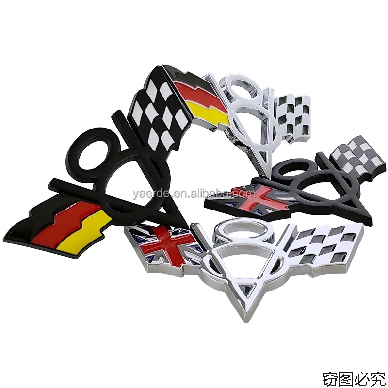 V8 Metal Car Sticker Racing Flag National Flag Modified Sticker,Manufacturers customize car stickers with superglue personality