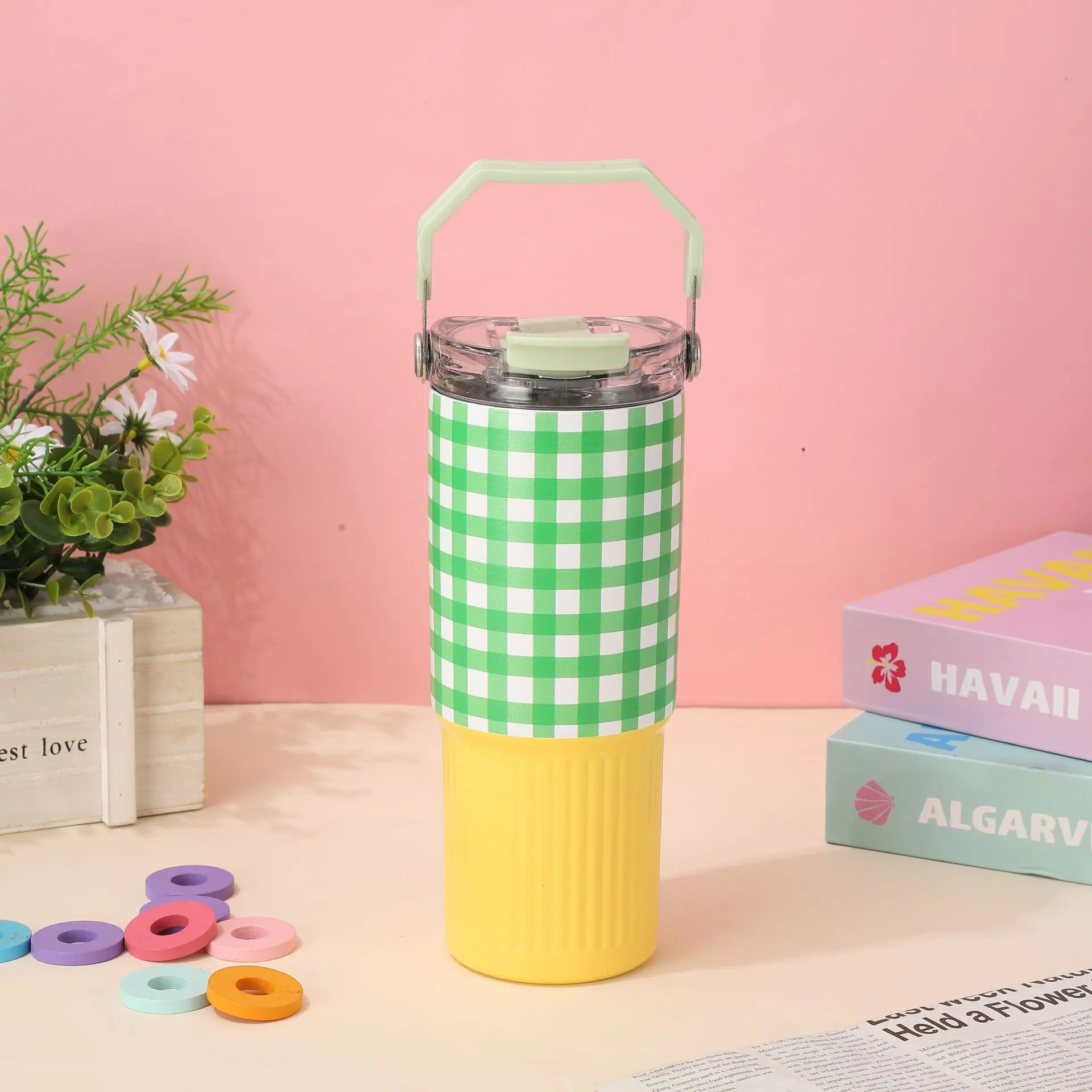 Hot Selling Plaid Design Insulated Travel Mug Portable Thermal Coffee Cup Stainless Steel 30oz Tumbler with Handle