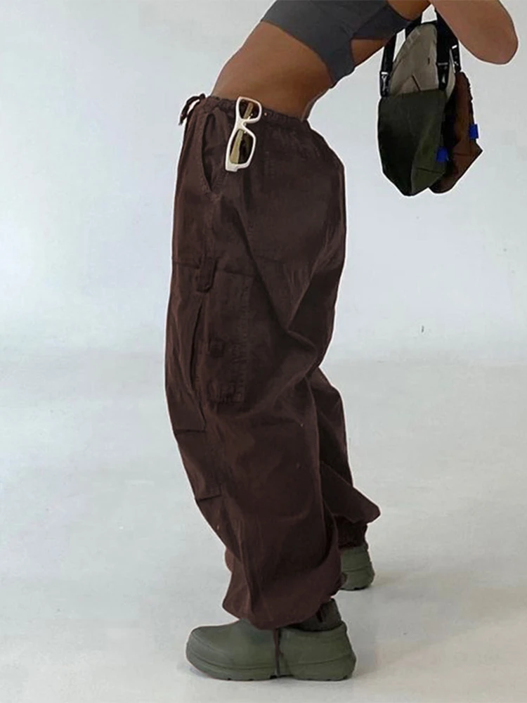 Low Waist sweatpants Trousers Vintage Street Pockets Wide Leg Joggers Pant  2022 Drawstring Baggy Y2K Cargo Pants Women