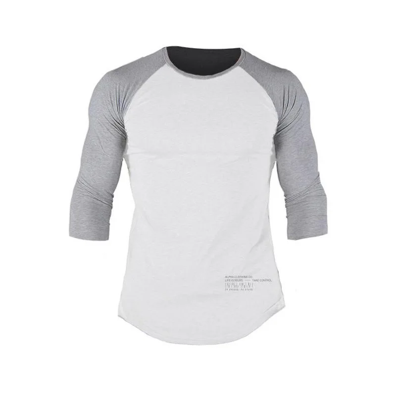 
High quality mens dry fit polyester running t shirt two tone fitness gym shirt 3/4 sleeve bulk tshirts round curve hem muscle 