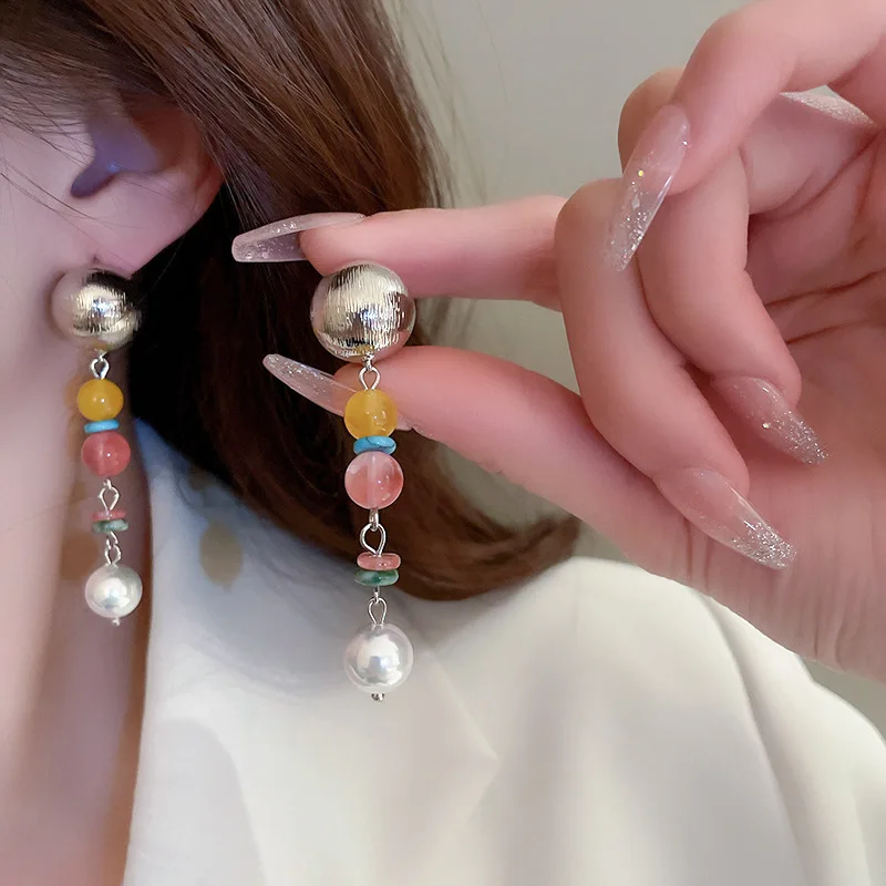 fashion quality agate pearl tassel chain earring women