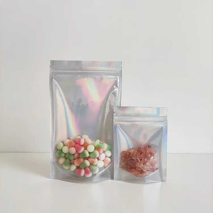 15x22 cm Custom Laser Film Packing One Side Clear Stand Up Pouch Holographic Cosmetic Bag