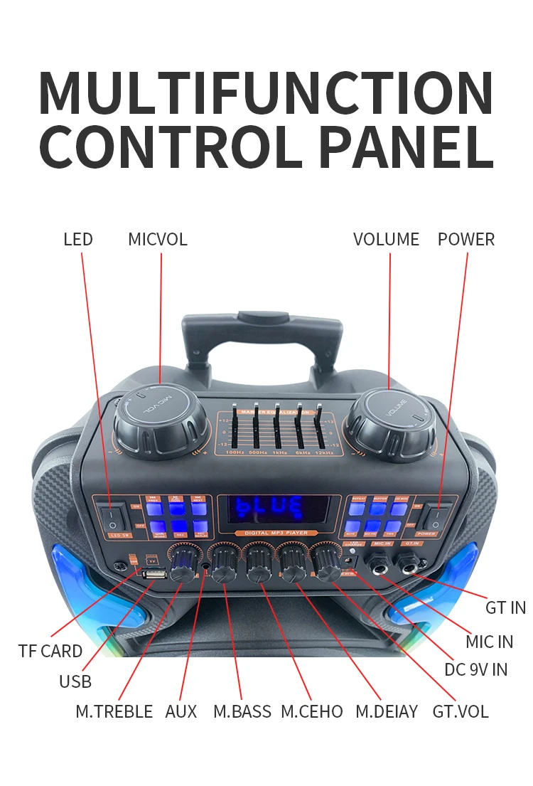 50W 15 Inch woofer EQ control DJ Karaoke Bass RGB Light Wireless BT MIC USB Trolley Bluetooths Portable Speakers With Microphone