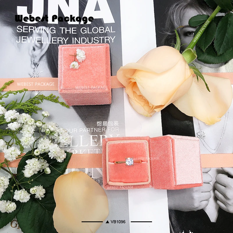 Webest Package luxury square orange packaging velour velvet ring jewelry box with ribbon