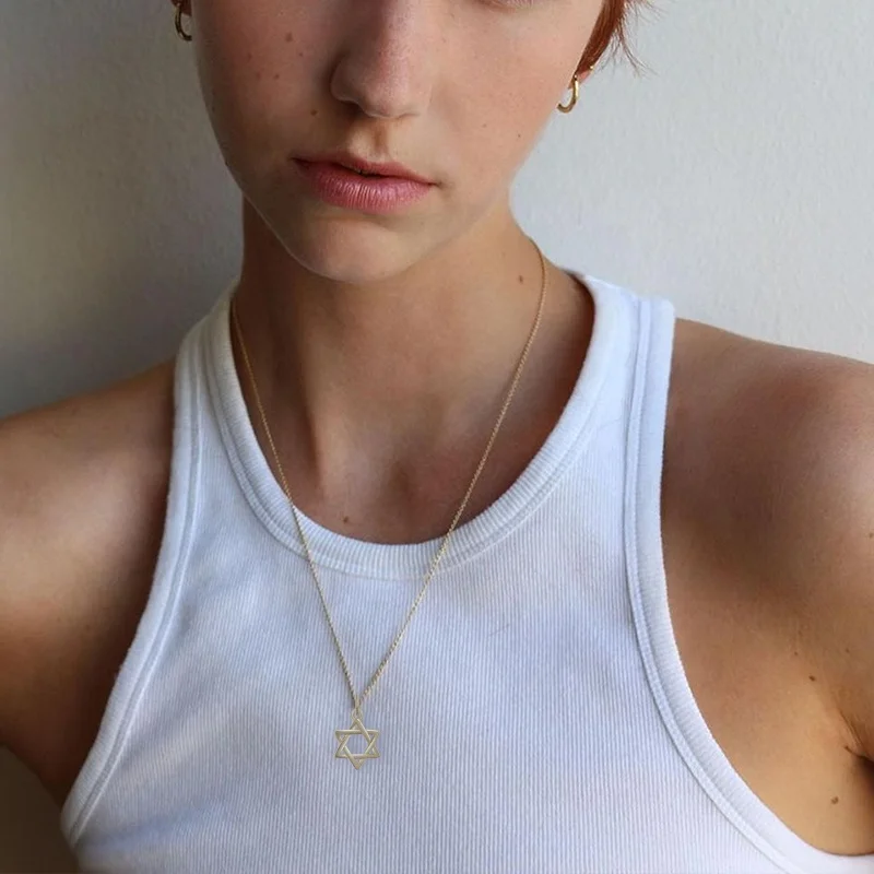 14k Gold plated Jewish Gold David Star Necklace Neutral Hex Star Heart Lucky Necklace 925 sterling silver