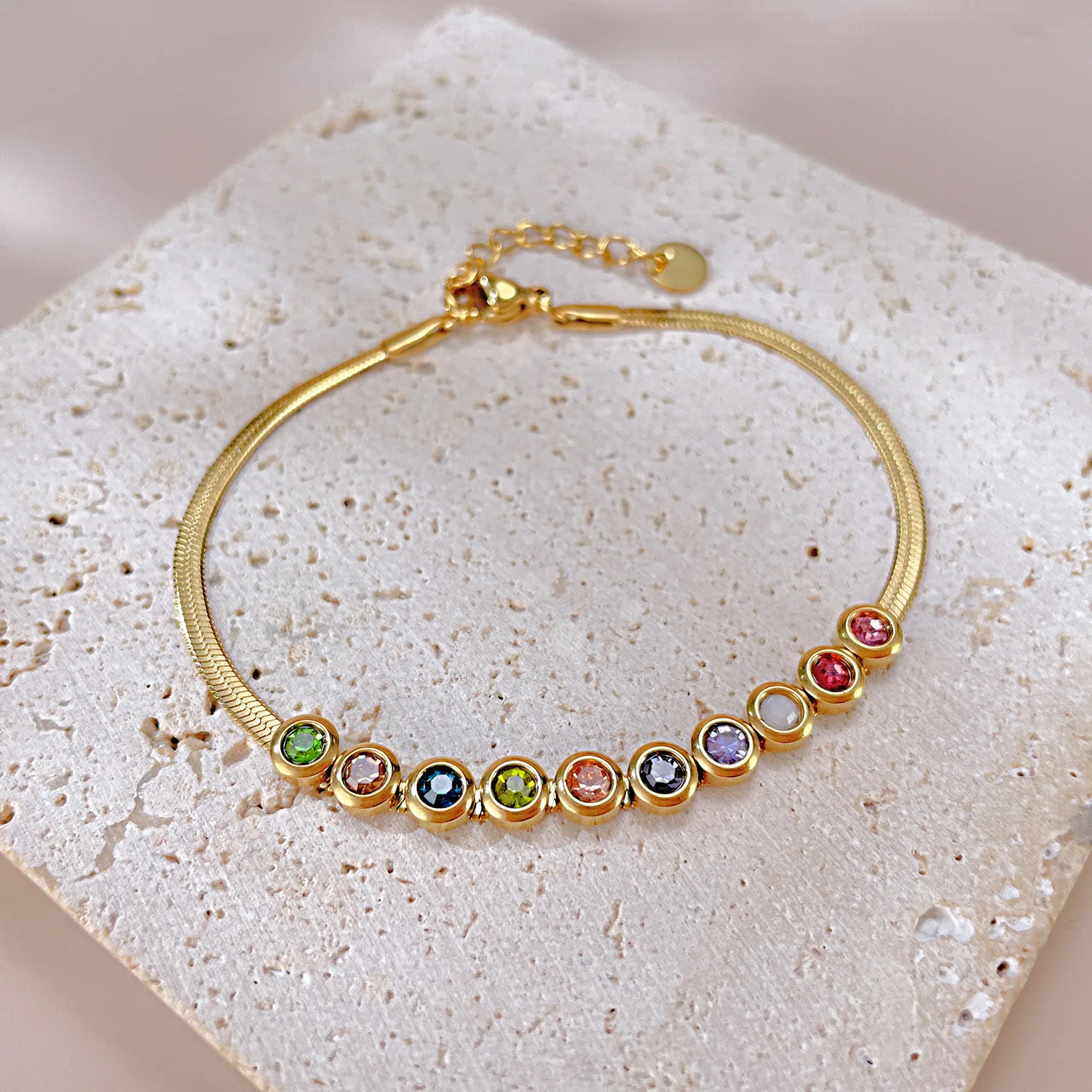 Colorful Birthstone Flat Snake Chain Bracelet Zirconia Beads 18K Gold Plated Stainless Steel Blade Chain Bracelets for Women