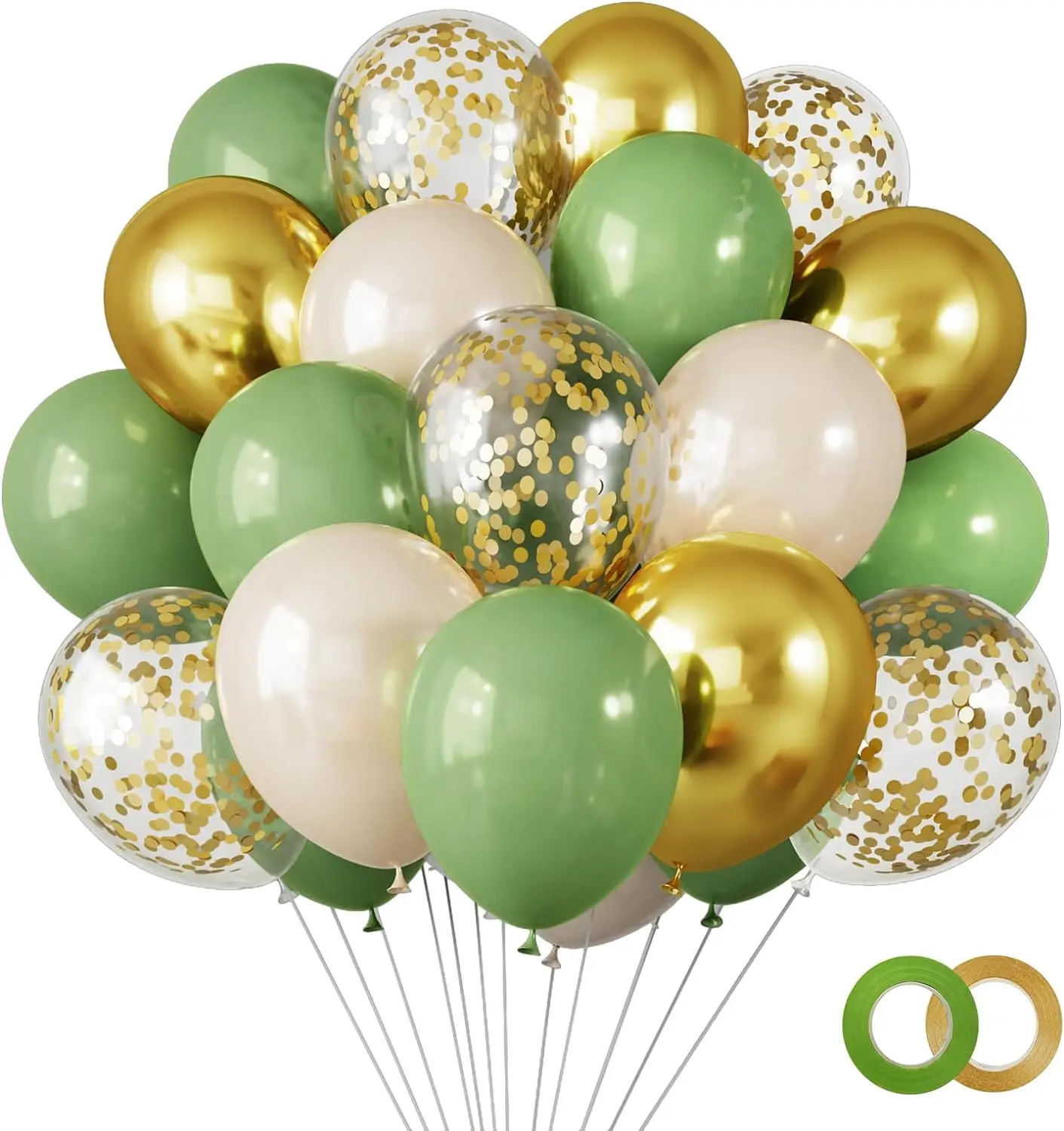 65pcs30.48cm grey green gold confetti balloon set with ribbon, forbirthday, wedding, baby shower, graduation  party decoration