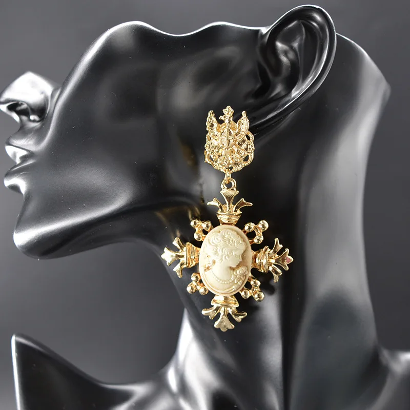 Baroque Roman Cameo Hollow Cross Earrings Gold Plated Large Rhinestone Crystal Chandelier Earrings Women