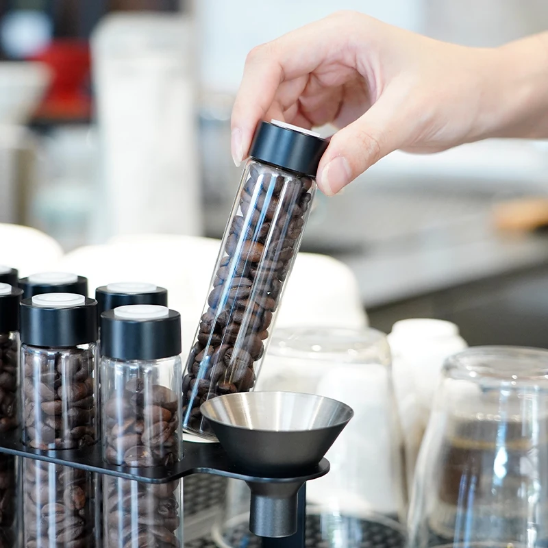 Airtight Sealed One-Way Valve Glass Coffee Beans Storage Containers with Shelf Foods Storage Tubes with Wooden Display Stand