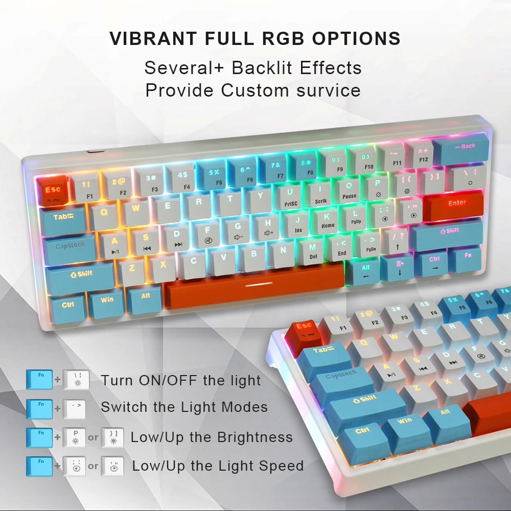 Wholesale 60% Usb Wired Light Led Fashion Gaming Keyboards 61 Keys Blue Switches Custom Keycap Pc Rgb Mechanical Keyboards