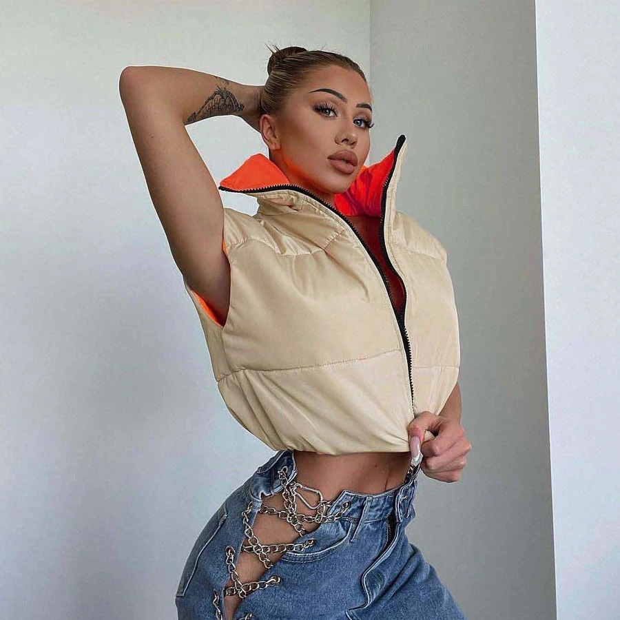 
W21C04964 Winter Clothing Puffer Bubble Padded Thick Zipper Coat Tank Top Turtleneck Warm Jacket Vest For Women 