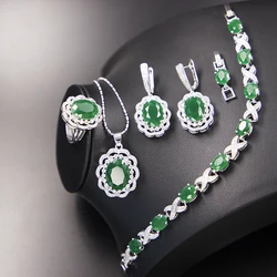 New Fashion Green Gem Jwelery Women Silver Ring Necklace Earring Four Piece Bridal Wedding Jewelry Sets