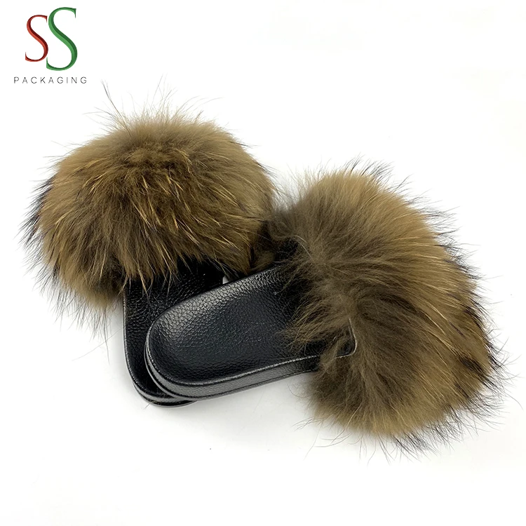 Hot Sales Brown Fur Slippers Luxury Mink Fur Slippers for Women