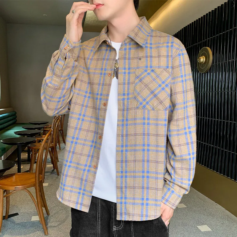 japanese style shirt long sleeve 2021 winter cargo shirts for men casual single-breasted plaid loose shirt men