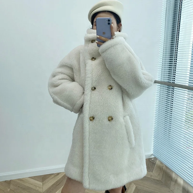 Winter Thick Teddy Fur Coats Korea Women Turn Down Collar Sheep Shearling Teddy Wool Coat