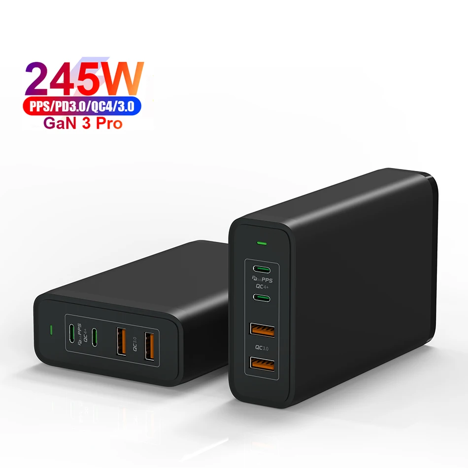 2A2C 200W 245W 4 Ports Multi Port GaN Tech PD USB C Charger Laptop AC Power Adapter with 140W PD single port output for Laptops