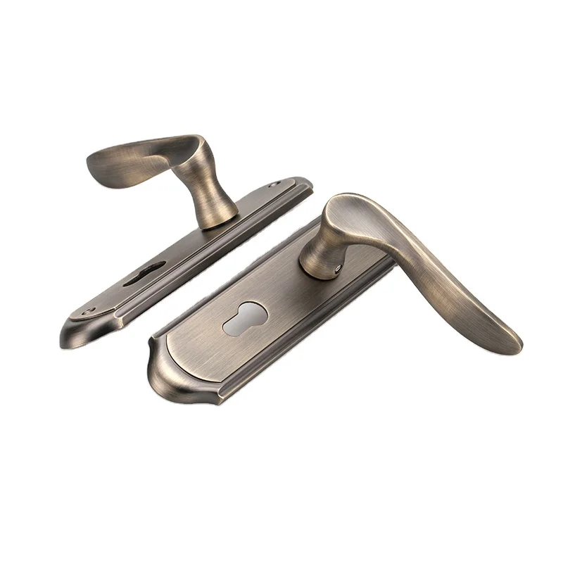Security wooden door handle with plate lock set cheap lock set door lever handle sets bronze curved handle for mute