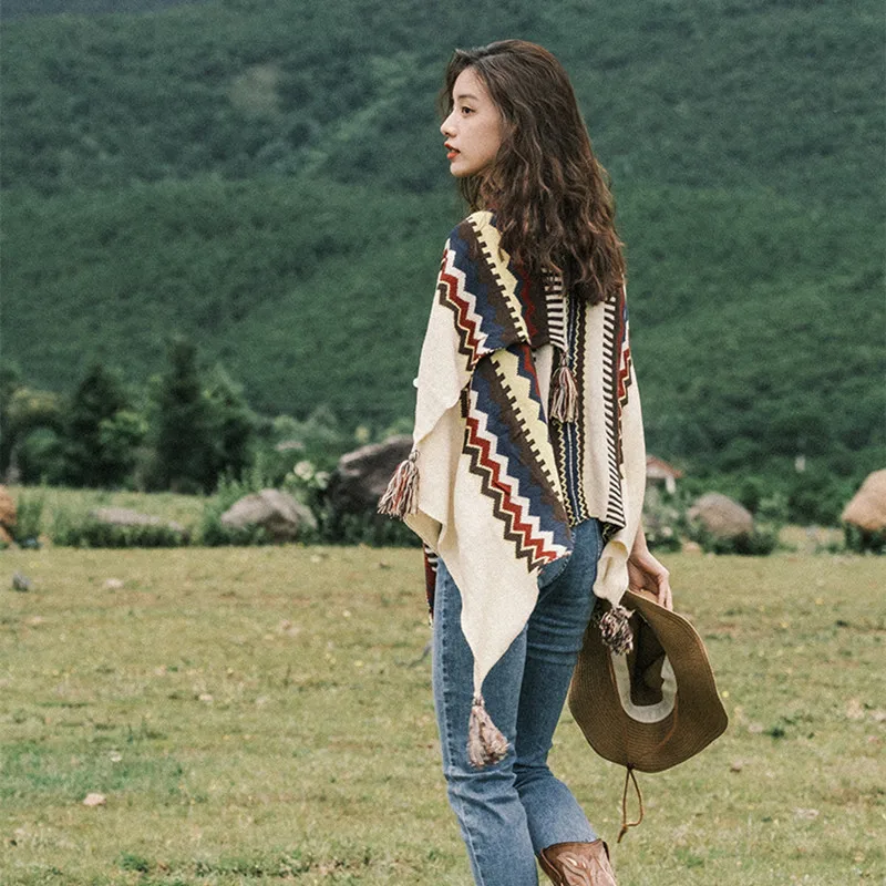 Acrylic Bohemian White Tassels Shawls Knitted Yarn Dye Warm Autumn Ethnic Style Scarf For Women