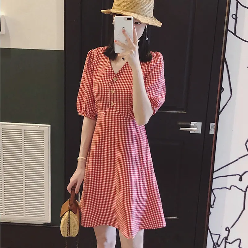 Cotton Linen Plaid Summer Dress Korean design Chic Women Casual Midi Dress