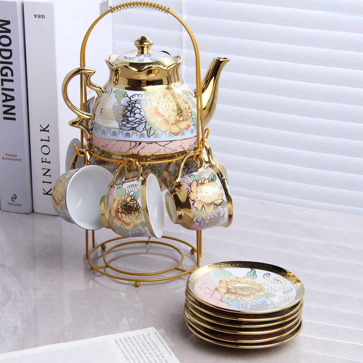 Vintage Ceramic Afternoon Tea Teapot Set French Vintage Flower Gold Ring English Teapot Coffee Cup Saucer Set