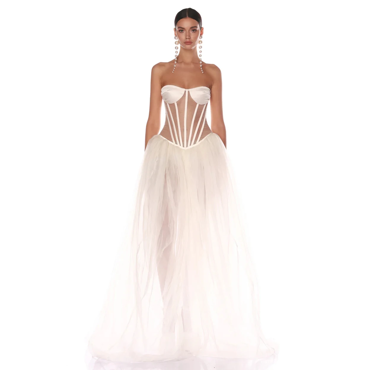 Boned Bodice Strapless Gown See-through Mesh Corset Back Closure White Tulle Long Maxi Cocktail Party Evening Dress