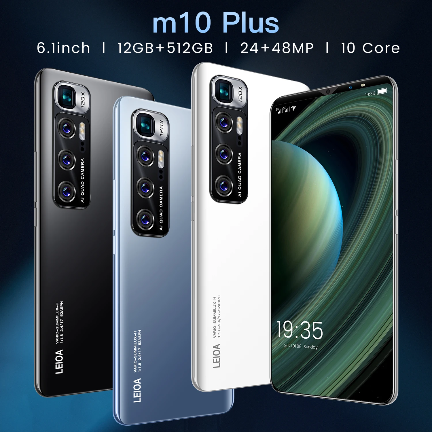 M10 Plus HD Screen Mobile Phones 4G 5G Android 6GB+128GB Large Memory Smartphones Dual SIM Gaming Face/Fingerprint Cellphones