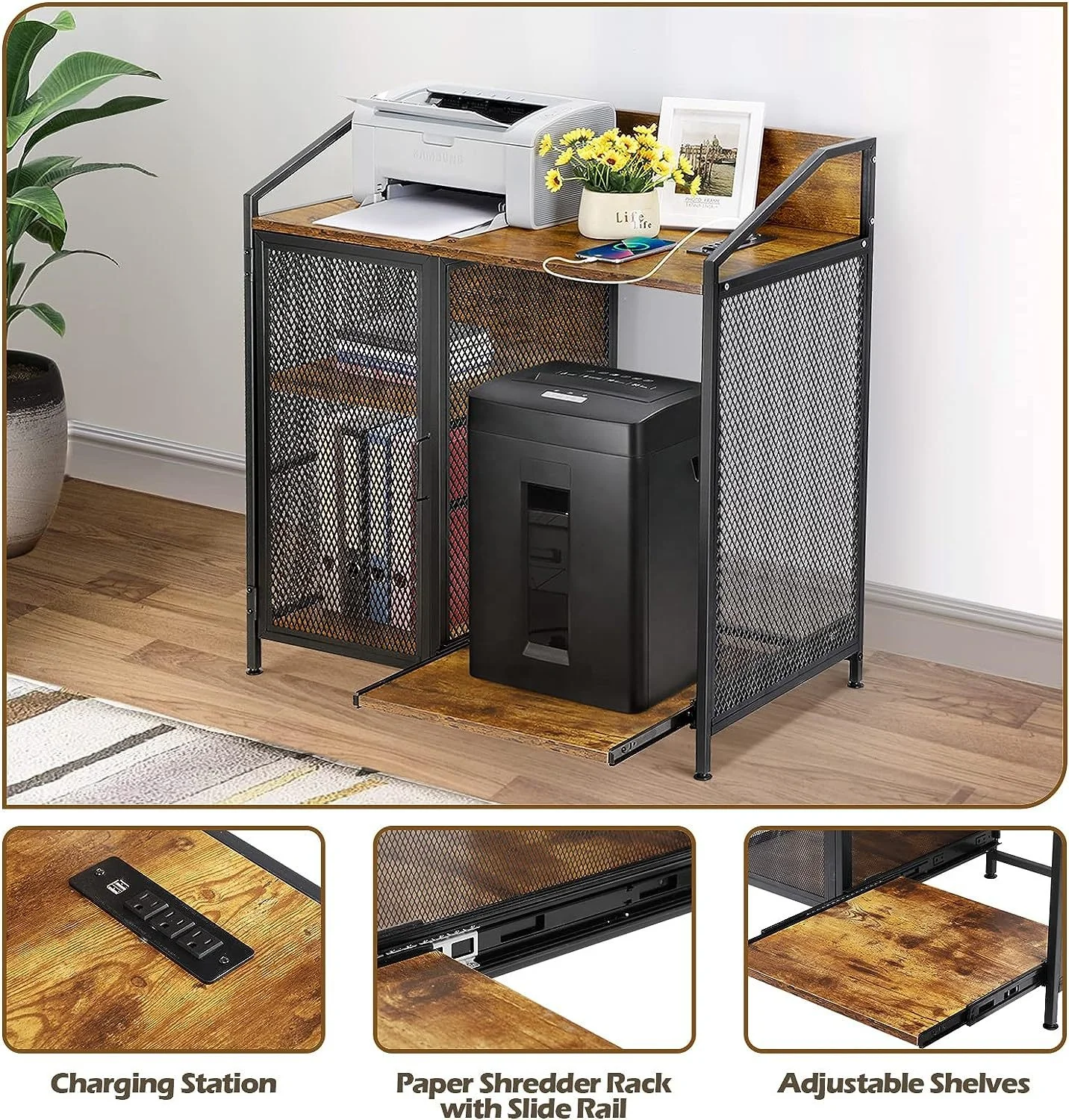 Modern Printer Stand and Paper Shredder Stand Rack 3-Tier Lateral Office Filing Cabinets with Socket and USB Charging Port