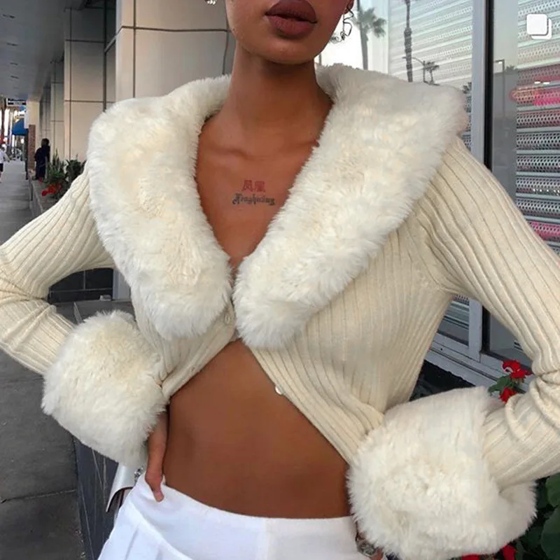Long-sleeve top solid cotton jackets sexy fur collar knitted sweater cardigan for women