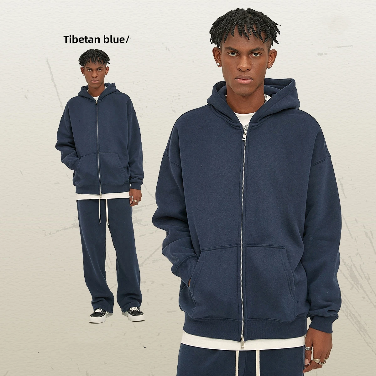 New product with fleece thickening 350g fashion zipper men custom logo heavyweight sweatshirt pants set