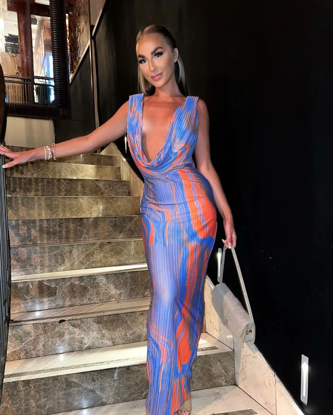 B27458 trendy rib knit sleeveless long printed backless deep V neck bandage sexy dresses women