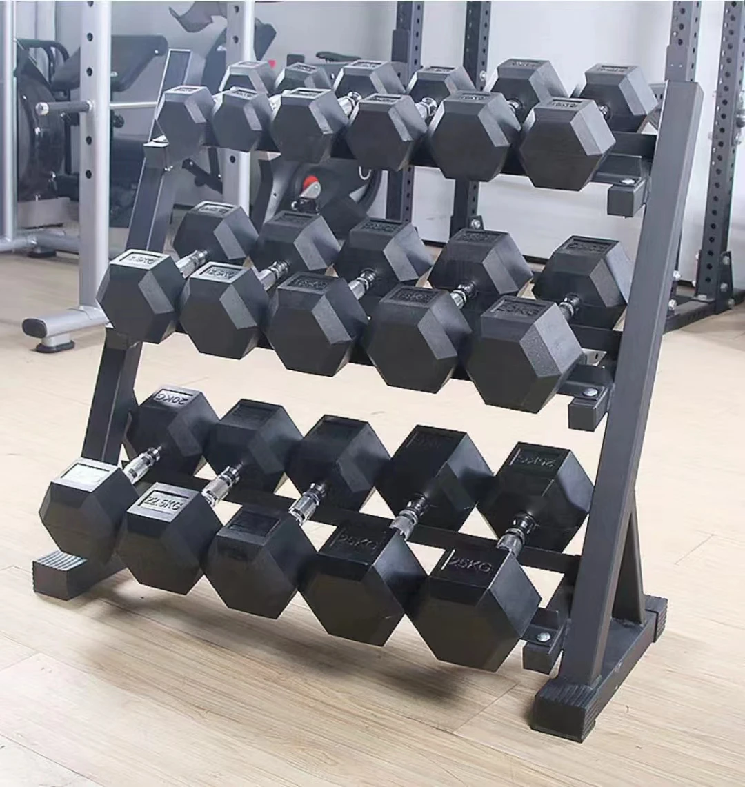 Balanced rubber coated hexagon dumbbell weight set and storage rack, multiple packaging